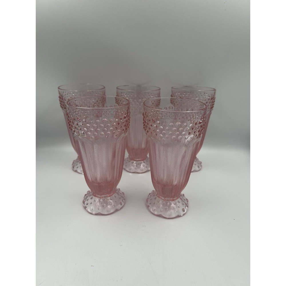 Set of 5 Gorham Crystal Emily's Attic Pink Hobnail Water Goblets Footed Glasses